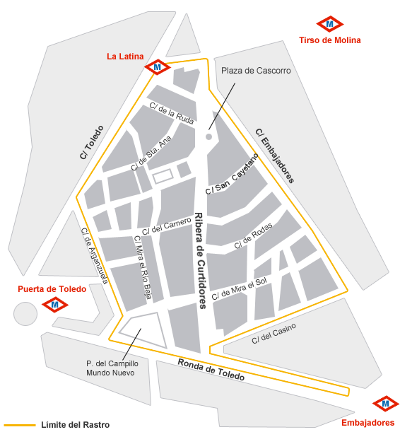 Mapa con las calles del Rastro de Madrid