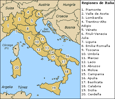 mapa de italia, regiones