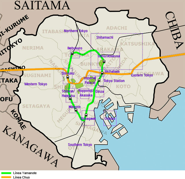Mapa con los principales barrios de Tokio Japón