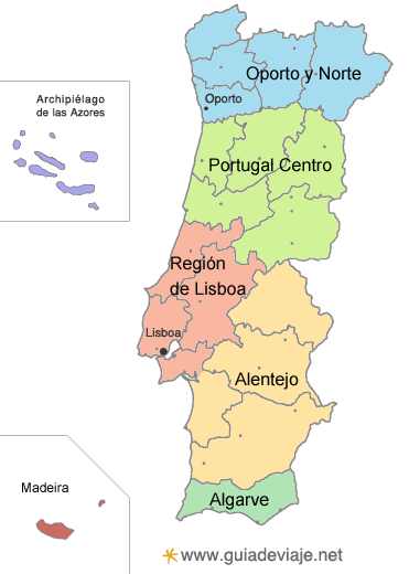 Mapa de la zona norte de Portugal, con sus correspondientes